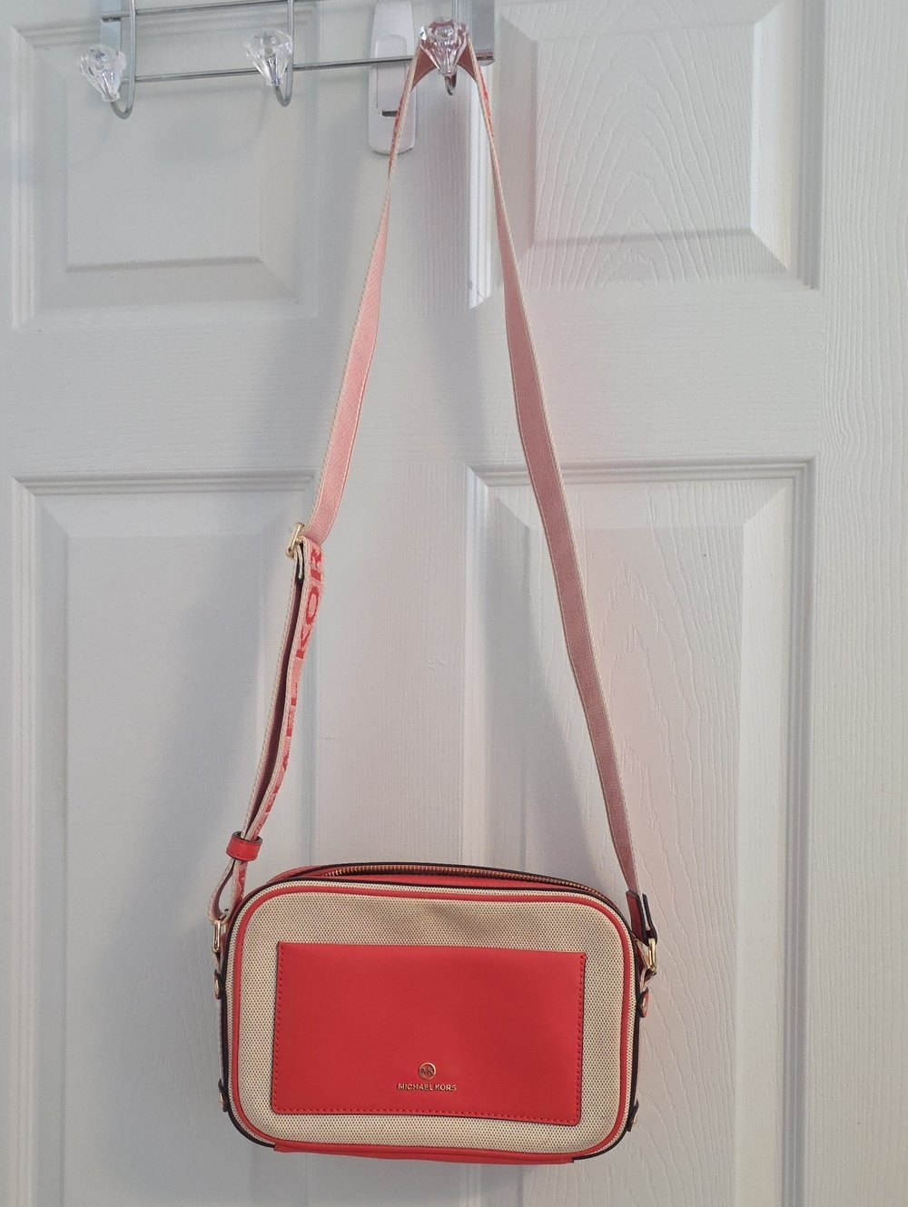 Michael Kors Ivory and Coral Canvas Crossbody